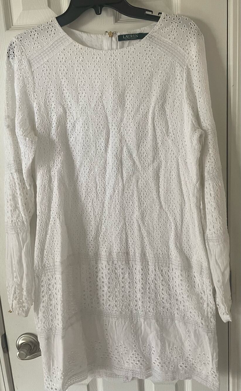 RALPH LAUREN White Cotton Voile Floral Eyelet Dress Size 10, $55, B53